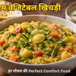 गरमा-गरम वेजिटेबल खिचड़ी (Vegetable Khichdi Recipe in Hindi) जिसमें चावल, मूंग दाल, गाजर, मटर, बीन्स और आलू हैं